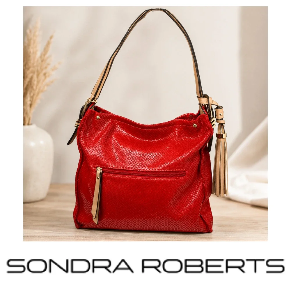 Sondra Roberts Squared Red Snakeskin Print Slouchy Shoulder Bag Tassel Hobo